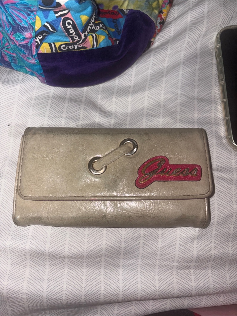 GUESS taupe wallet with pink logo patch
